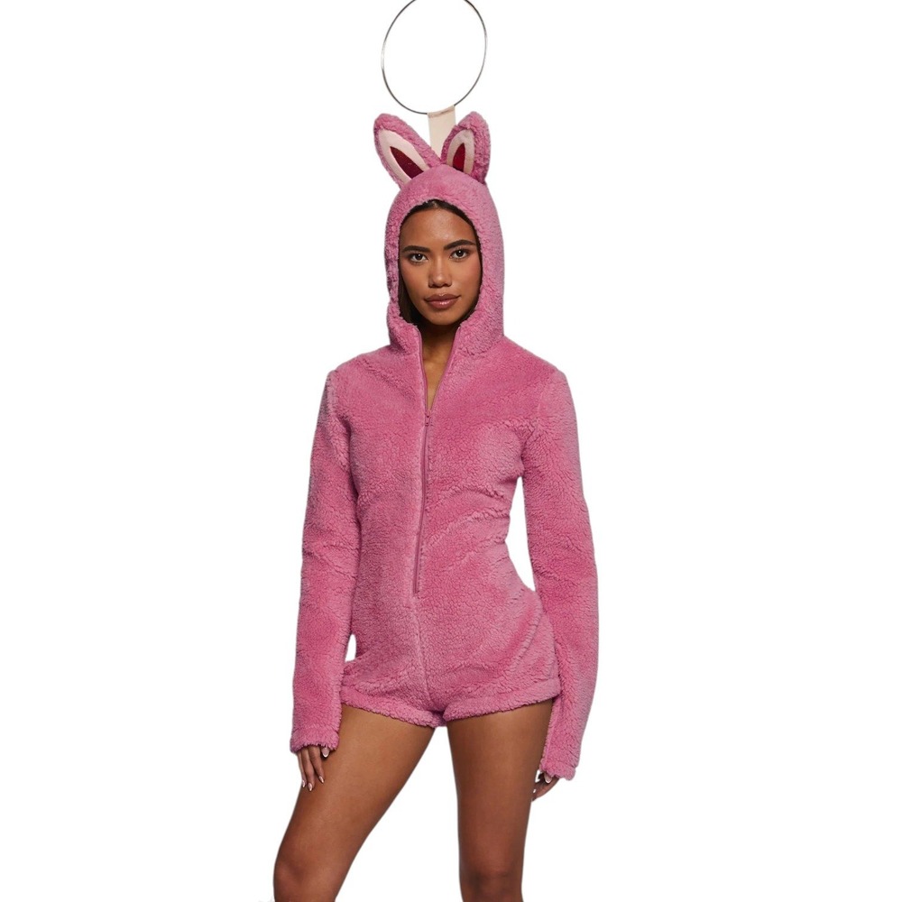 Trickz N Treatz Dolls Kill Labubu Costume Womens 1X Bunny Ear Sherpa Hooded NEW